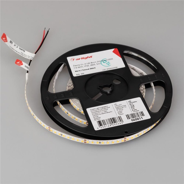 Светодиодная лента UL-A160-8mm 24V Warm3000 (12 W/m, IP20, 2835, 5m) (Arlight, 7 лет)