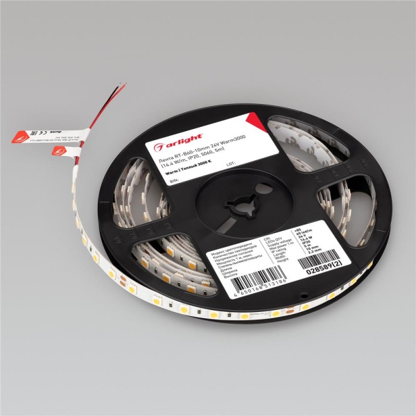 Светодиодная лента RT-B60-10mm 24V Warm3000 (14.4 W/m, IP20, 5060, 5m) (Arlight, Открытый)