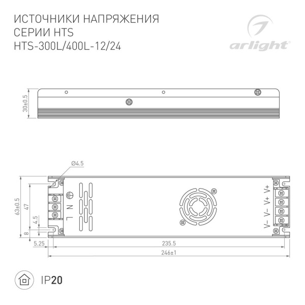 Блок питания HTS-400L-24 (24V, 16.5A, 400W) (Arlight, IP20 Сетка, 3 года)