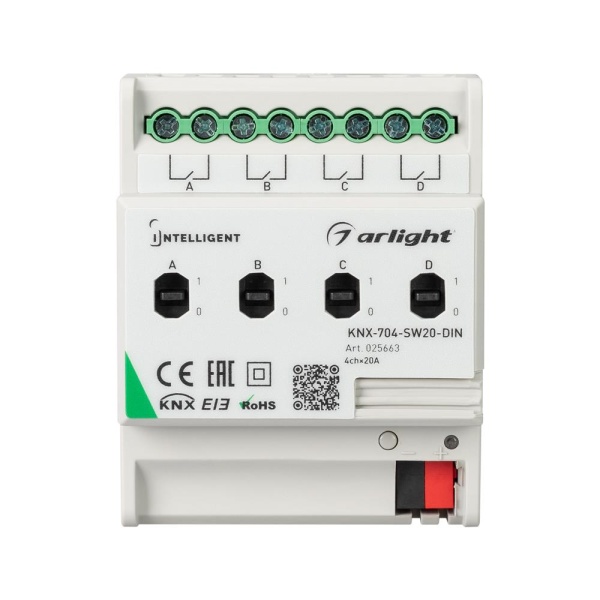 INTELLIGENT ARLIGHT Релейный модуль KNX-704-SW20-DIN (BUS, 4x20A) (Arlight, -)