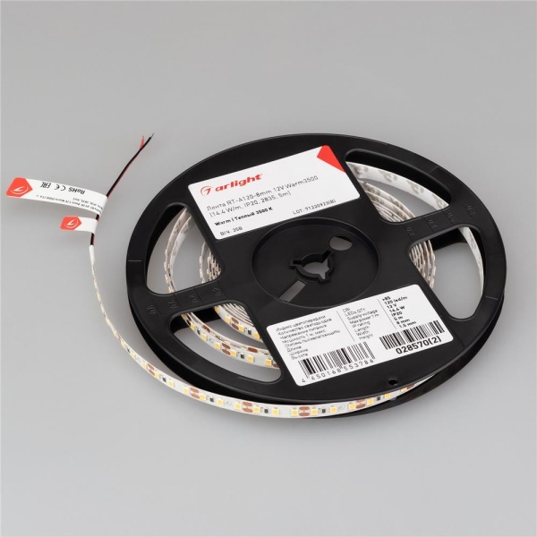 Светодиодная лента RT-A120-8mm 12V Warm3500 (14.4 W/m, IP20, 2835, 5m) (Arlight, Открытый)