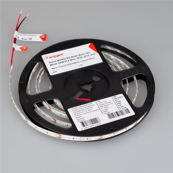 Светодиодная лента MICROLED-M240-8mm 24V White-CDW (9.6 W/m, IP20, 2216, 5m) (Arlight, Открытый)