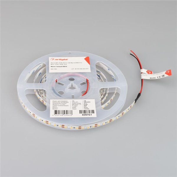 Светодиодная лента NT-A120-8mm 12V Warm3000 (9.6 W/m, IP20, 3528, 5m) (Arlight, 9.6 Вт/м, IP20)