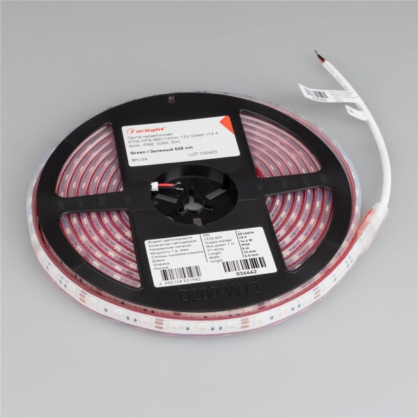 Светодиодная лента герметичная RTW-PFS-B60-13mm 12V Green (14.4 W/m, IP68, 5060, 5m) (Arlight, 14.4 Вт/м, IP68)
