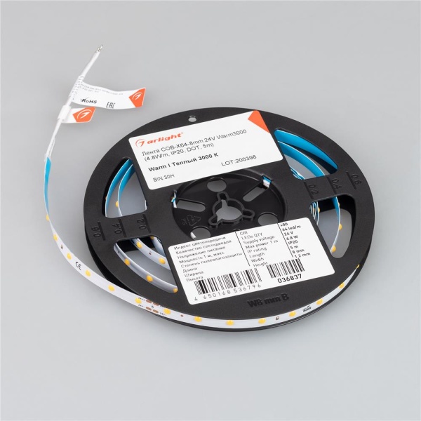 Светодиодная лента COB-X64-8mm 24V Warm3000 (4.8 W/m, IP20, DOT, 5m) (Arlight, Открытый)