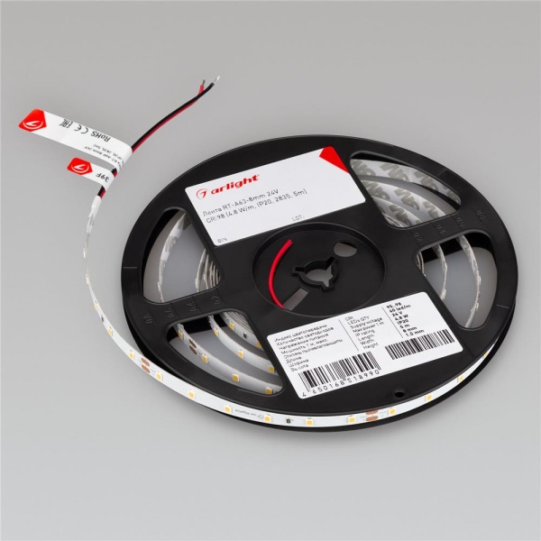 Светодиодная лента RT-A60-8mm 24V Day4000 (4.8 W/m, IP20, 2835, 5m) (Arlight, Открытый)
