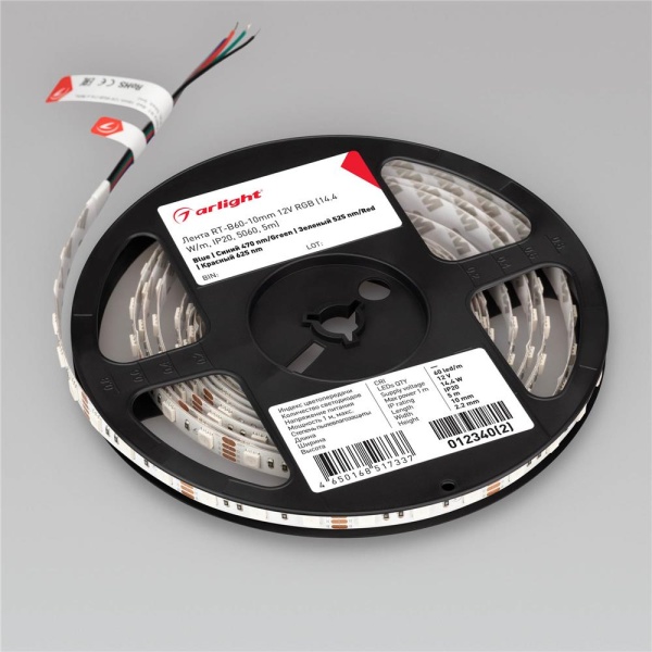 Светодиодная лента RT-B60-10mm 12V RGB (14.4 W/m, IP20, 5060, 5m) (Arlight, Открытый)