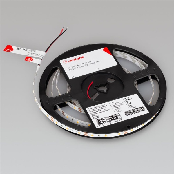 Светодиодная лента RT-A60-8mm 12V Day4000 CRI98 (7.2 W/m, IP20, 2835, 5m) (Arlight, 7.2 Вт/м, IP20)