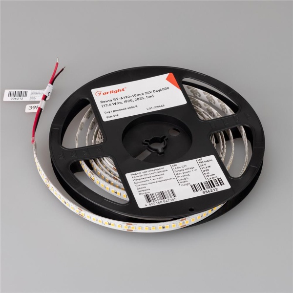 Светодиодная лента RT-A192-10mm 24V Day4000 (17.6 W/m, IP20, 2835, 5m) (Arlight, высок.эфф.150 лм/Вт)