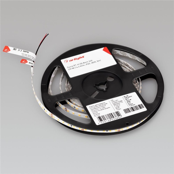 Светодиодная лента RT-A120-8mm 24V Warm2700 CRI98 (14.4 W/m, IP20, 2835, 5m) (Arlight, Открытый)