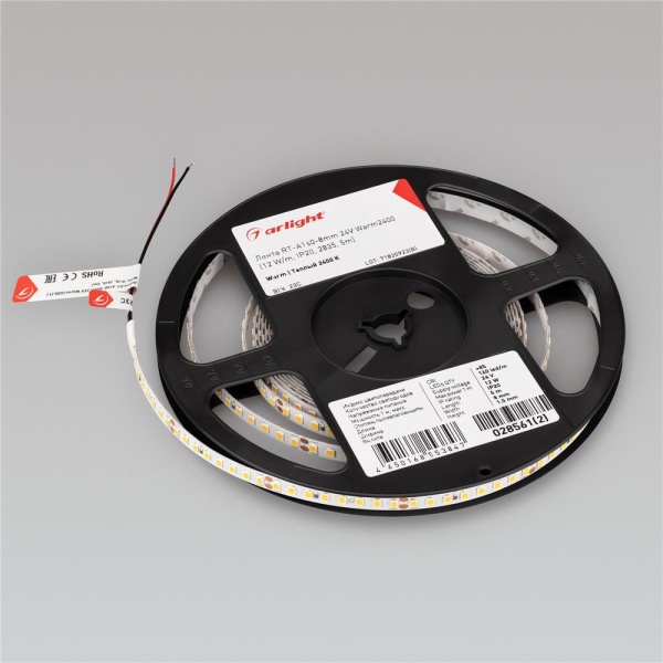 Светодиодная лента RT-A160-8mm 24V Warm2400 (12 W/m, IP20, 2835, 5m) (Arlight, высок.эфф.150 лм/Вт)