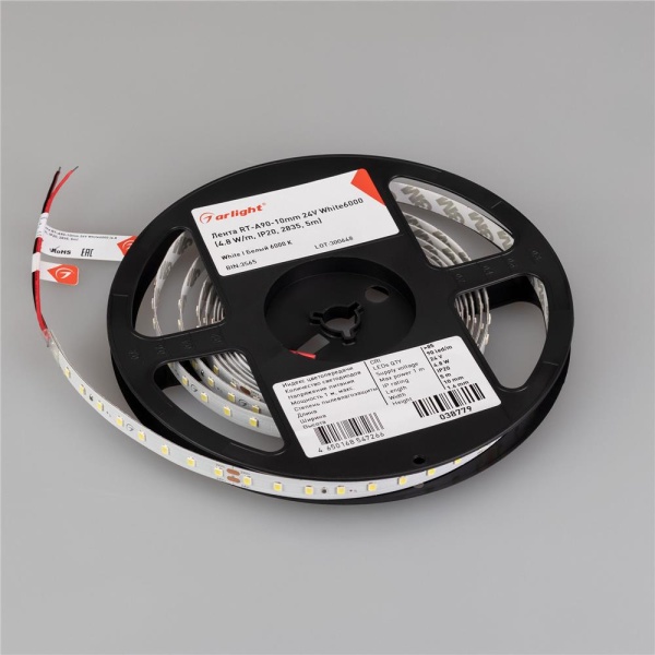 Светодиодная лента RT-A90-10mm 24V White6000 (4.8 W/m, IP20, 2835, 5m) (Arlight, высок.эфф.200 лм/Вт)