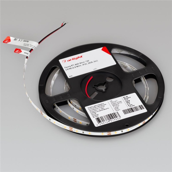Светодиодная лента RT-A60-8mm 12V Day5000 CRI98 (4.8 W/m, IP20, 2835, 5m) (Arlight, Открытый)