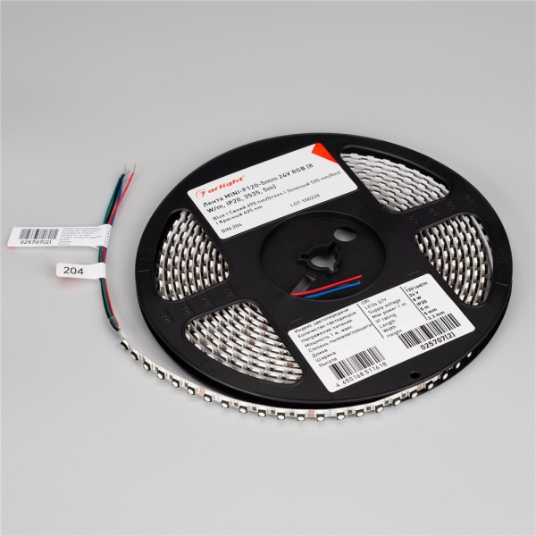 Светодиодная лента MINI-F120-5mm 24V RGB (8 W/m, IP20, 3535, 5m) (Arlight, узкая)