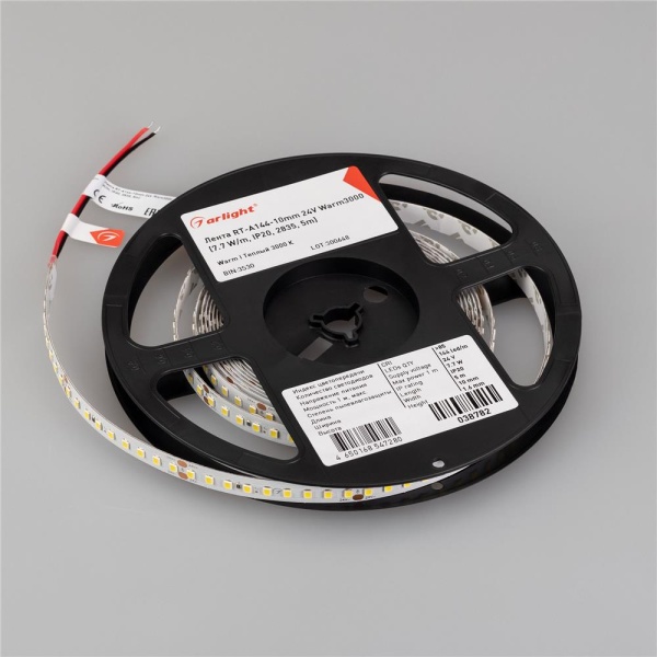 Светодиодная лента RT-A144-10mm 24V Warm3000 (7.7 W/m, IP20, 2835, 5m) (Arlight, высок.эфф.200 лм/Вт)