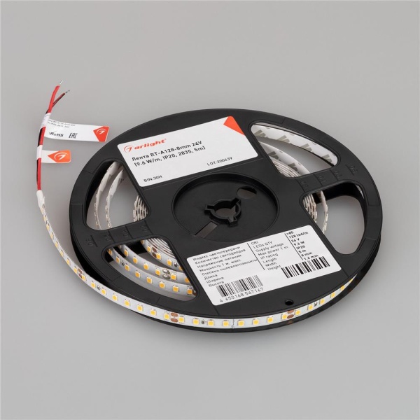 Светодиодная лента RT-A128-8mm 24V White6000 (9.6 W/m, IP20, 2835, 5m) (Arlight, высок.эфф.150 лм/Вт)