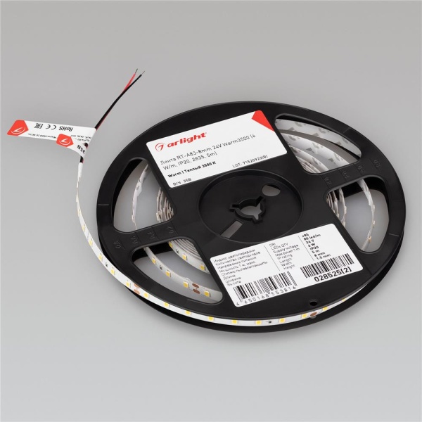 Светодиодная лента RT-A80-8mm 24V Warm3500 (6 W/m, IP20, 2835, 5m) (Arlight, Открытый)