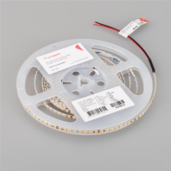 Светодиодная лента RT-A160-5mm 24V Warm3000 (15 W/m, IP20, 2835, 5m) (Arlight, Открытый)