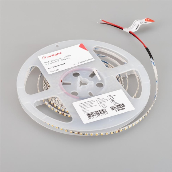 Светодиодная лента RT-A160-5mm 24V Day4000 (9.6 W/m, IP20, 2835, 5m) (Arlight, Открытый)