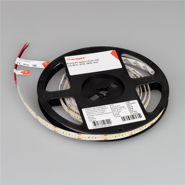 Светодиодная лента RT-A240-10mm 24V White6000 (22 W/m, IP20, 2835, 5m) (Arlight, высок.эфф.150 лм/Вт)