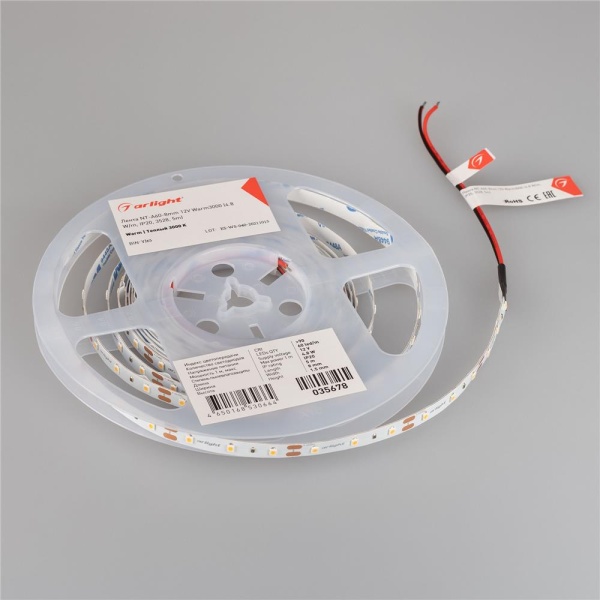 Светодиодная лента NT-A60-8mm 12V Warm3000 (4.8 W/m, IP20, 3528, 5m) (Arlight, Открытый)