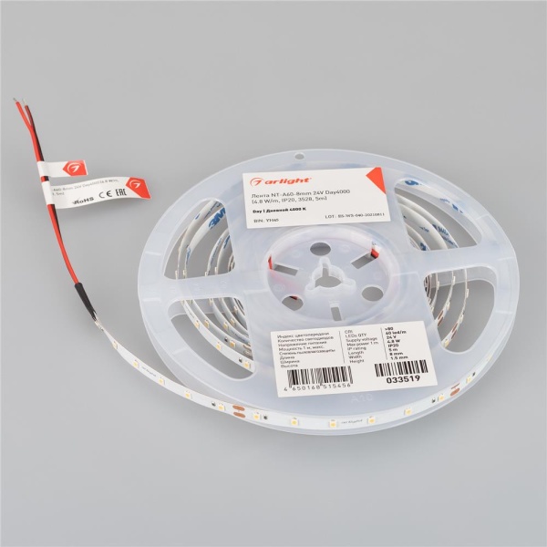 Светодиодная лента NT-A60-8mm 24V Day4000 (4.8 W/m, IP20, 3528, 5m) (Arlight, Открытый)