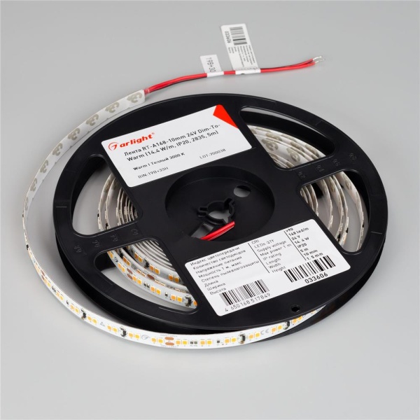 Светодиодная лента RT-A168-10mm 24V Dim-To-Warm (14.4 W/m, IP20, 2835, 5m) (Arlight, Dim-To-Warm)