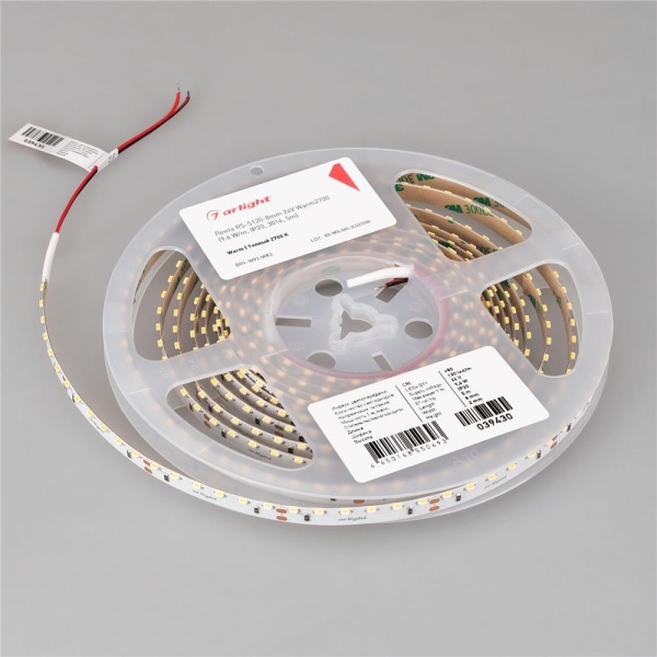 Светодиодная лента RS-S120-8mm 24V Warm2700 (9.6 W/m, IP20, 3014, 5m) (Arlight, боковое свечение)