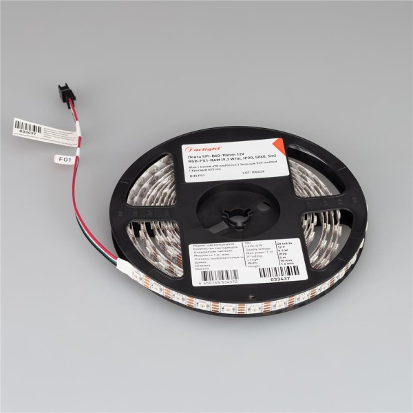 Светодиодная лента SPI-B60-10mm 12V RGB-PX1-RAM (9.3 W/m, IP20, 5060, 5m) (Arlight, бегущий огонь)