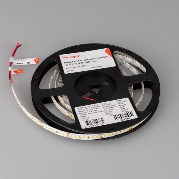 Светодиодная лента RT-A192-10mm 24V Warm3500 (17.6 W/m, IP20, 2835, 5m) (Arlight, высок.эфф.150 лм/Вт)