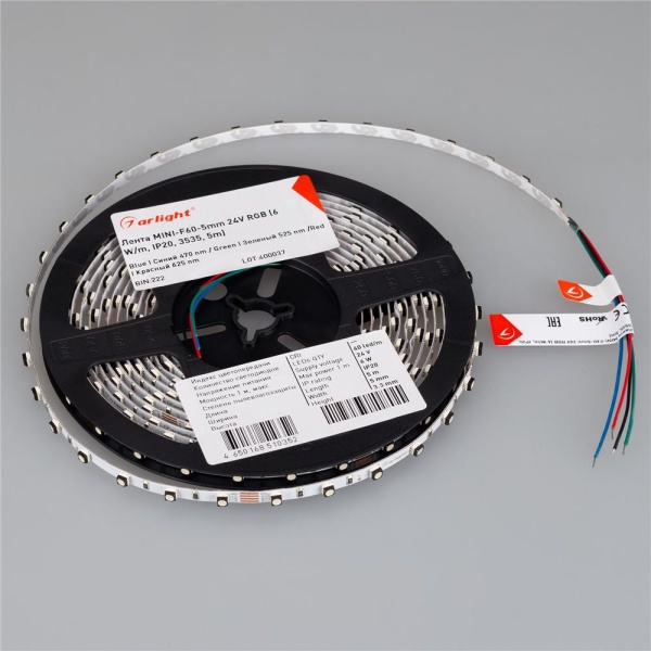Светодиодная лента MINI-F60-5mm 24V RGB (6 W/m, IP20, 3535, 5m) (Arlight, узкая)