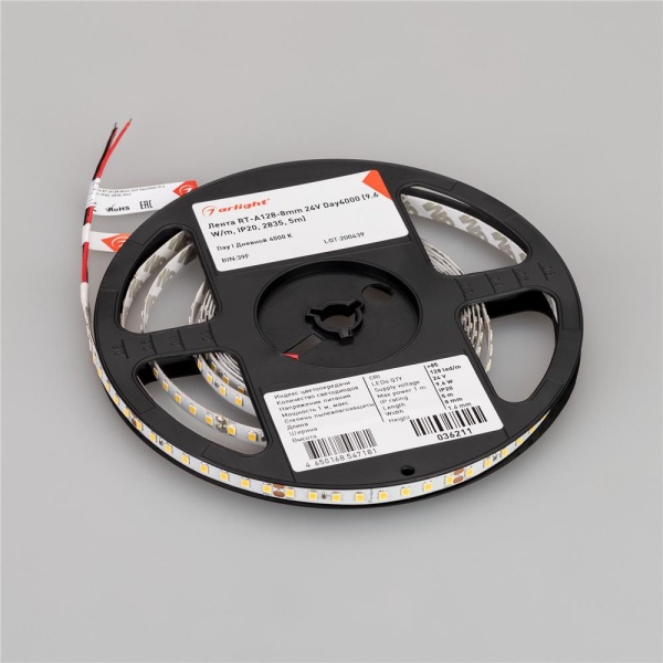 Светодиодная лента RT-A128-8mm 24V Day4000 (9.6 W/m, IP20, 2835, 5m) (Arlight, высок.эфф.150 лм/Вт)