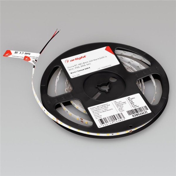 Светодиодная лента RT-A80-8mm 24V Warm2400 (6 W/m, IP20, 2835, 5m) (Arlight, высок.эфф.150 лм/Вт)